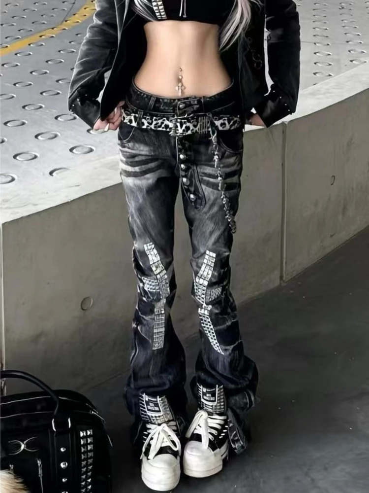 American Streetwear Washed Full Length Jeans Distressed Button Women Vintage Rivet Patchwork Slim Y2k Retro Denim Pants