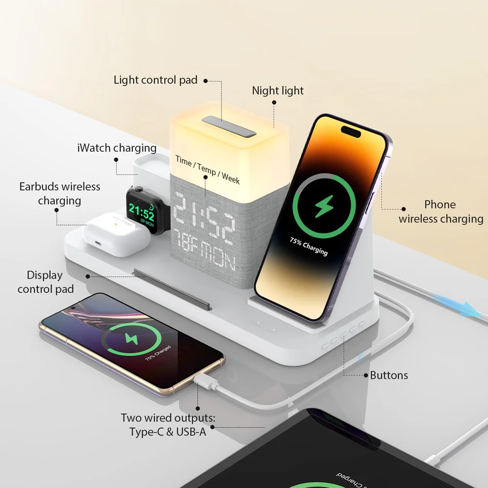 BezosMax 6 in 1 Wireless Charging Station with Bluetooth TimeSync/Night Light Fast Charger 30W Adapter Compatible with iPhone