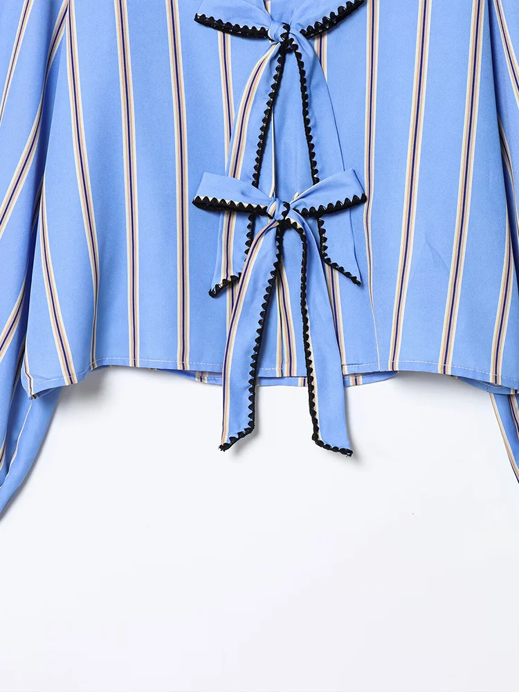 European style new women's fashion versatile temperament bow-decorated striped poplin long-sleeved shirt