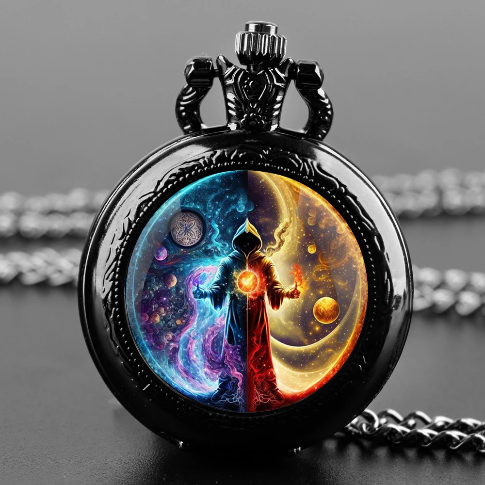 Sorcerer Design Glass Dome Quartz Pocket Watch With Durable Chain Arabic Numeral Dial For Men And Women Creative Gifts