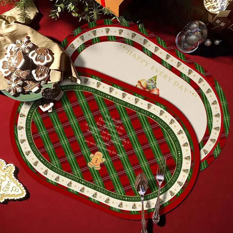 Christmas Placemat 4pcs Home Decor Diningtable Decorative Snowman Santa Claus Western Placemat Oval Leather Coaster Pot Mat