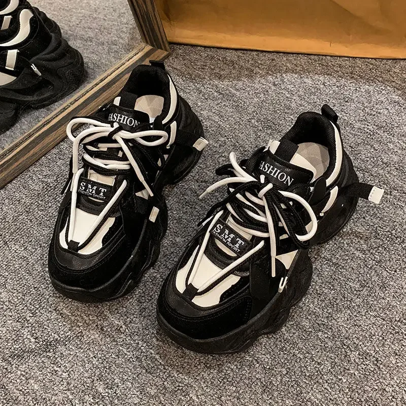 Chaussures de papa à semelle épaisse noire pour femmes, baskets décontractées à la mode, Style influenceur, nouvelle collection hiver 2025