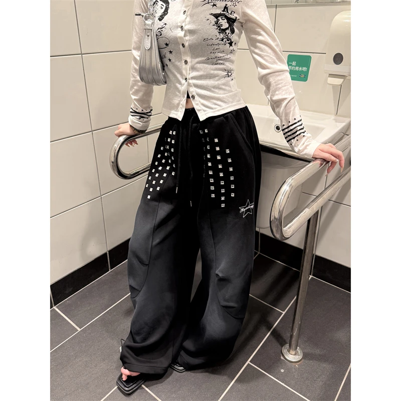 Women's Solid Color Hip-Hop Sweatpants Unisex Summer Wide Leg Trousers Cool Girl Bottoms Female High Waisted Vintage Blue Pants
