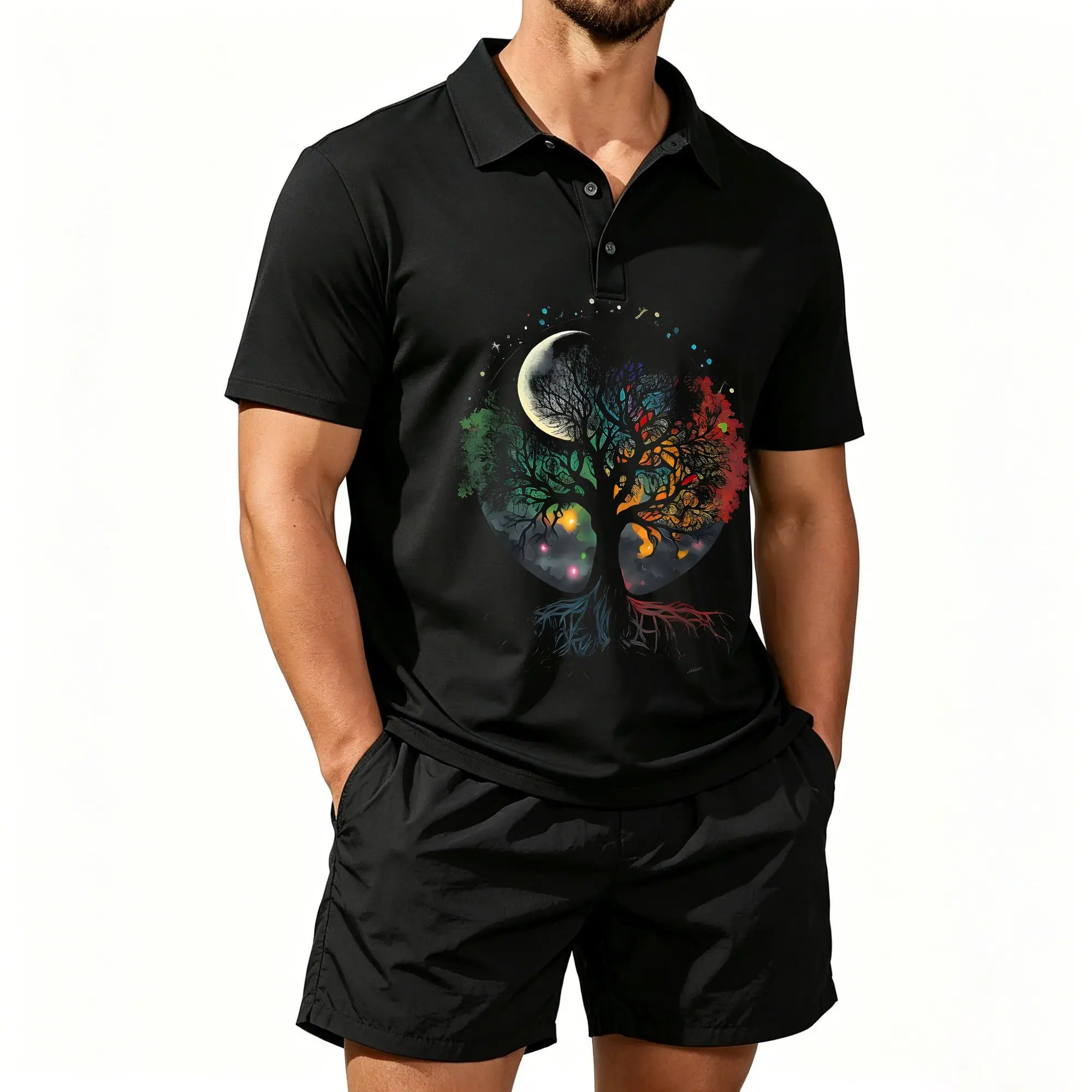Men's Short-Sleeved Polo Shirt Set with Tree of Life Root Pattern and Moon and Star Motifs for Nature Enthusiasts, Suitable for Daily Wear and Outdoor Activities. Breathable, Soft, and Machine Washable.