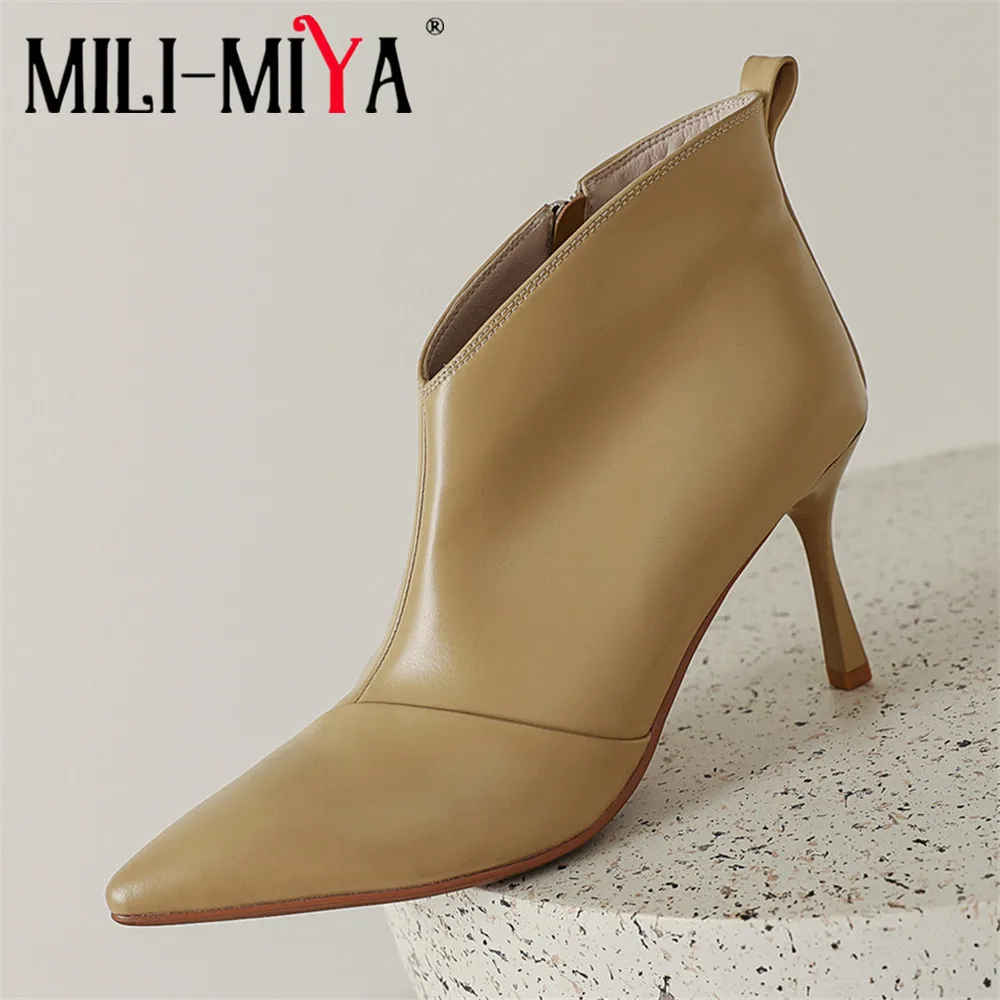 

MILI-MIYA New Arrival Retro Design Style Women Sheep Skin Ankle Boots Pointed Toe Thin Heels Solid Color Zippers Sexy Street