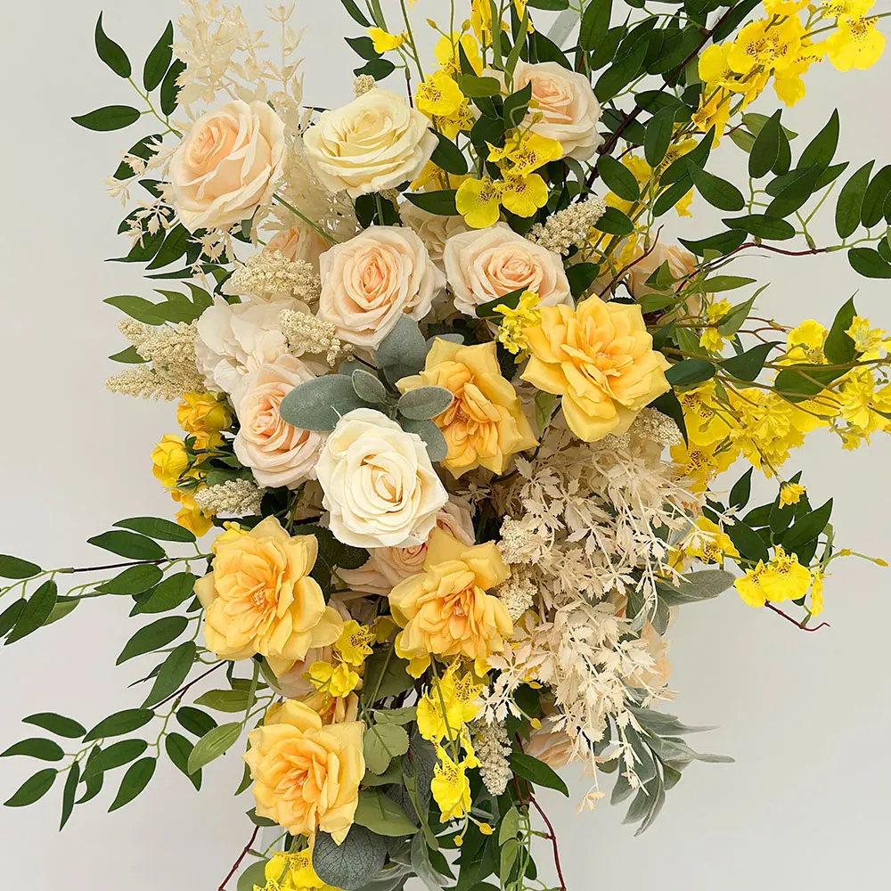 Golden Yellow Wedding Arch Artificial Flower Running Set Floral Arrangement Arch With Hanging Decor Wedding Backdrop Stand