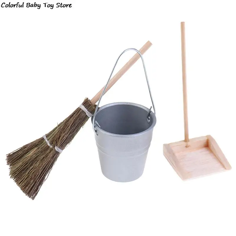 New 1:12 Doll House Miniature Broom Dustpan/Mop Bucket Set Dollhouse Cleaning Tool Kits Classic Toys Pretend Play Furniture Toys