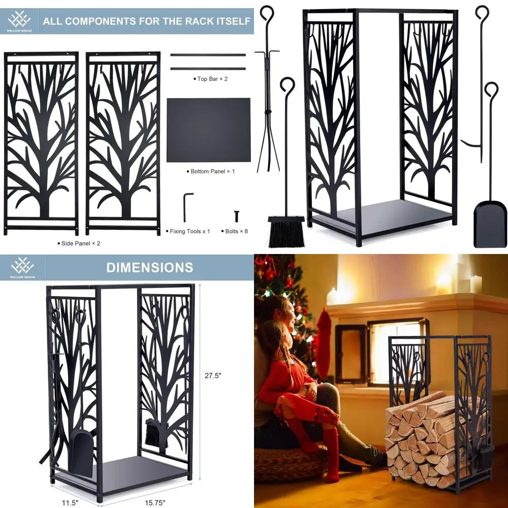 

Multi-Tool Firewood Holder Set: 4-Piece with Brush, Shovel, Poker, Tongs for Indoor/Outdoor Fireplace Use