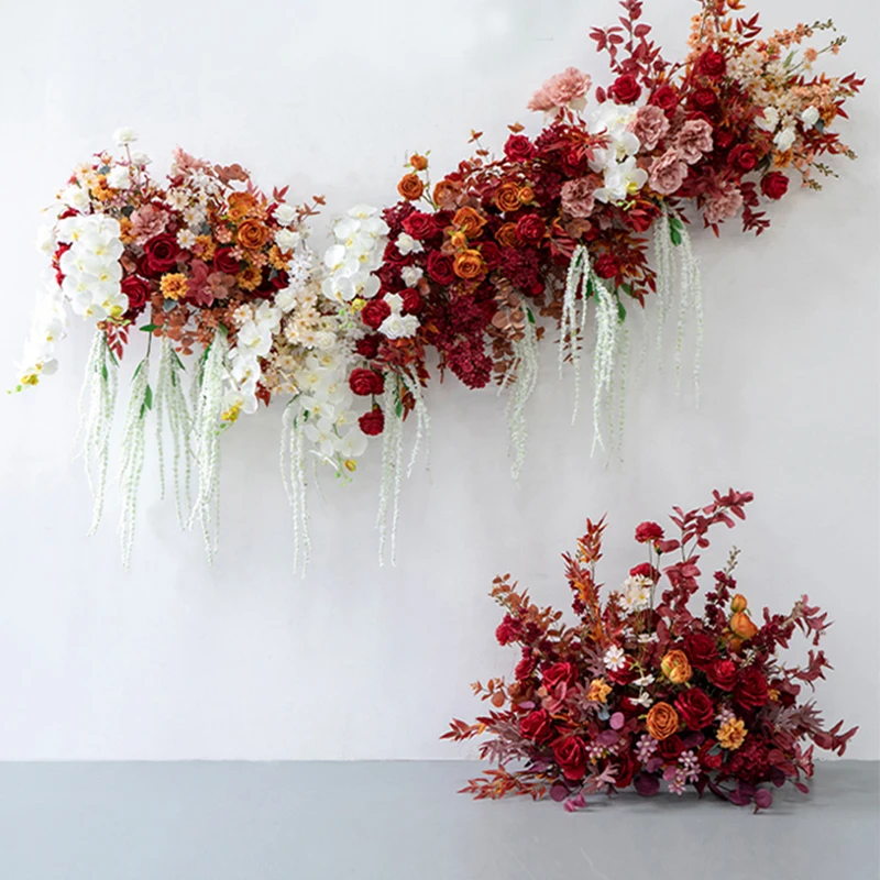 

Customized New Style Burgundy Orange White Rose Orchid Flower Runner for Party Event Arch Backdrop Decorations Wedding Props