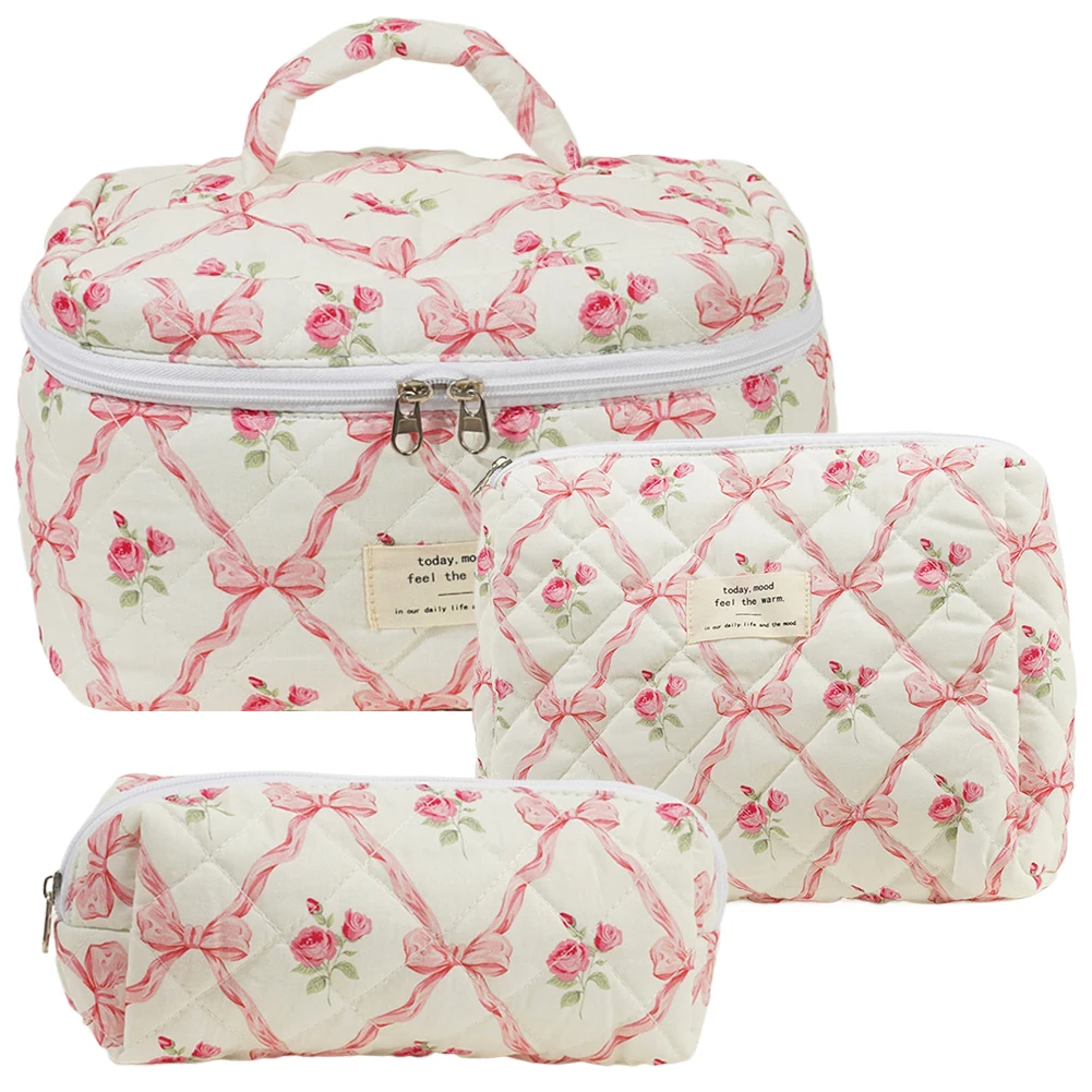 3pcs Quilted Makeup Bag Floral Aesthetic Handbag Large Capacity Storage Bag Women Cotton Cosmetic Pouch Travel Toiletry Wash Bag