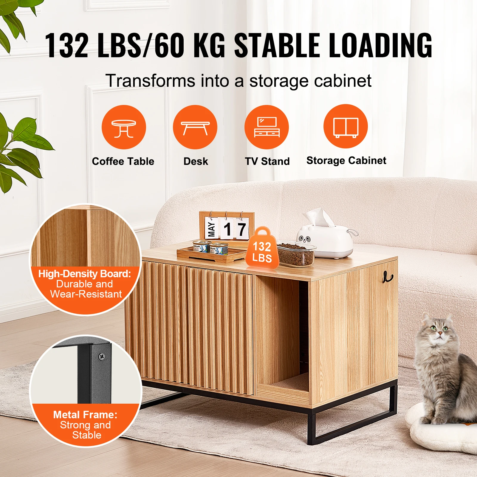 VEVOR Cat Litter Box Enclosure Hidden Litter Box Furniture Wooden Cat Washroom Indoor with 2 Doors & Study Metal Legs Cat House