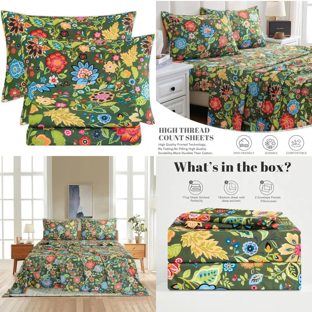 

Ultra Soft, Breathable 100% Microfiber King Bedding Set, 4-Piece with Deep Pockets, Floral Dark Green Design