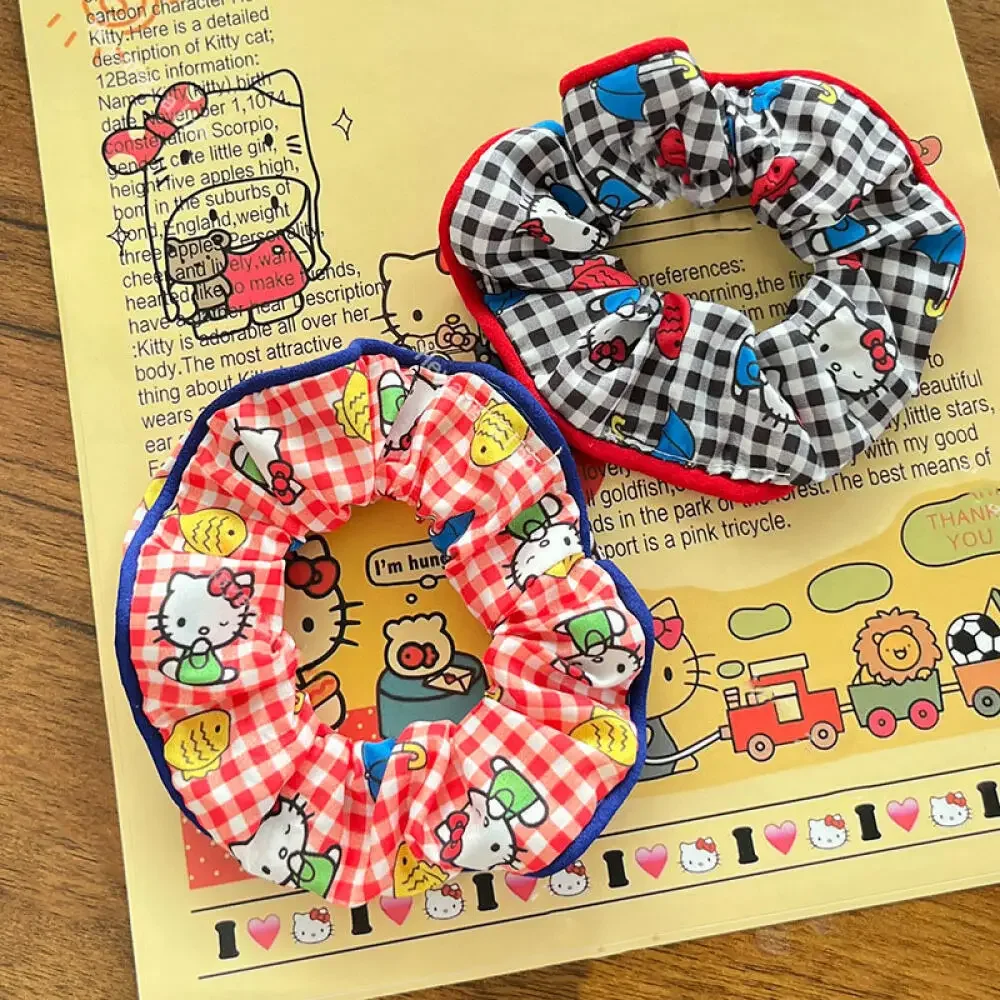 

Sanrio Hello Kitty Checked Scrunchies Sweet Cute Kitty Cat Color Contrast Scrunchies High Ponytail Rubber Band Hair Accessories