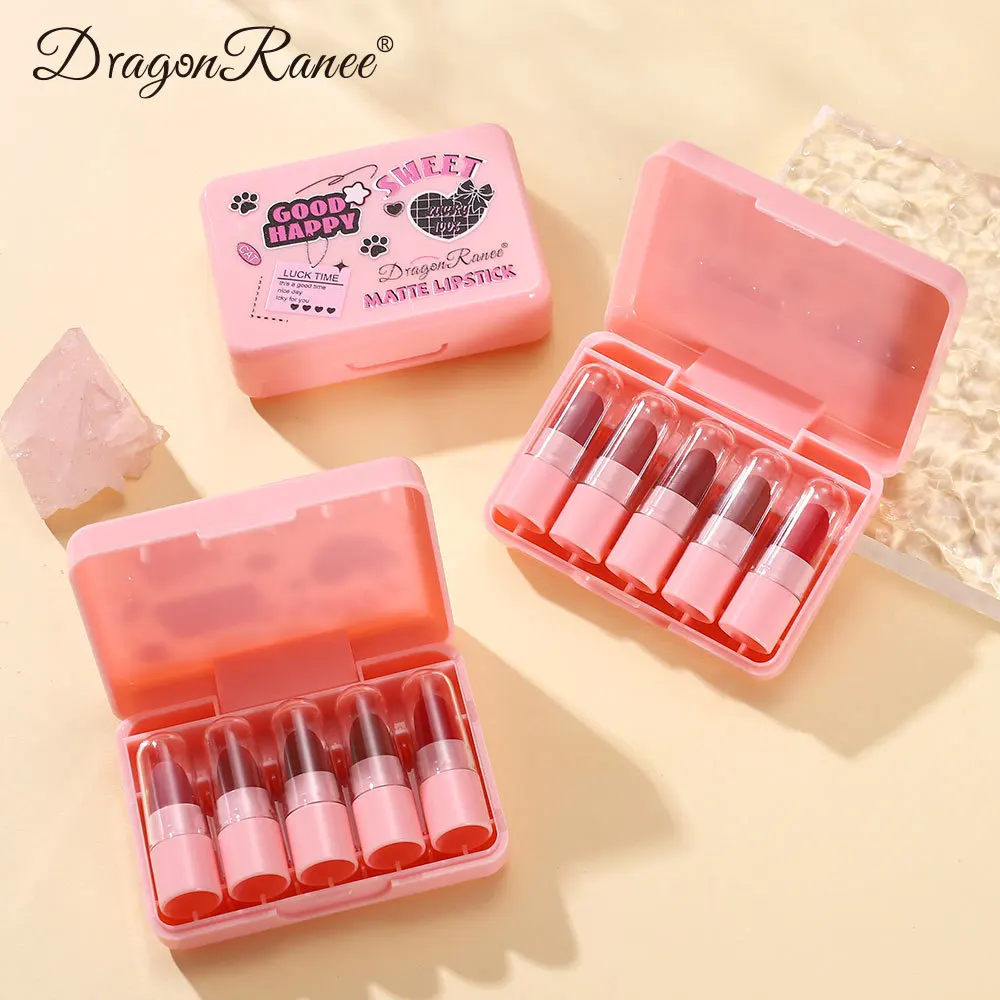 5 pezzi Mini Set di rossetti opachi con simpatica confezione regalo trucco Kit di rossetti nudi a lunga durata e Non sbiaditi regali ideali per ragazze