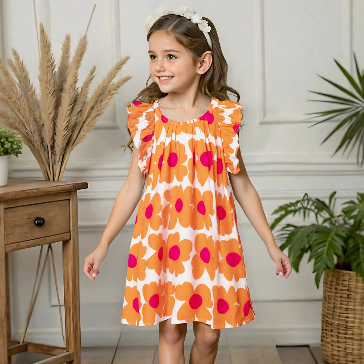 Summer Girl Casual Floral Pattern Kids Summer Clothes Keyhole Dress Ruffle Trim Pleated Dress Cheap Direct