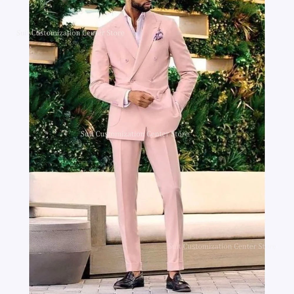 

Модные розовые тонкие костюмы для мужчин, шикарные двубортные костюмы с пиковыми лацканами для особых случаев, вечерняя вечеринка, 2-компонентная куртка, брюки