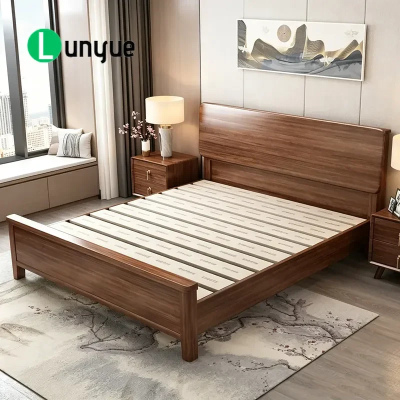 For 1.5m 1.8m New Chinese Style Solid Walnut Wood Bed Frame High Box Storage Double Master Bedroom Furniture Simple Wedding