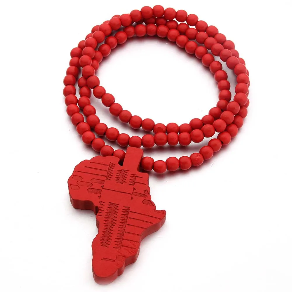 Africa Map Pendant Wood Necklace Women Men Hiphop Beads Beaded Engraved Wooden Charm Jewellery