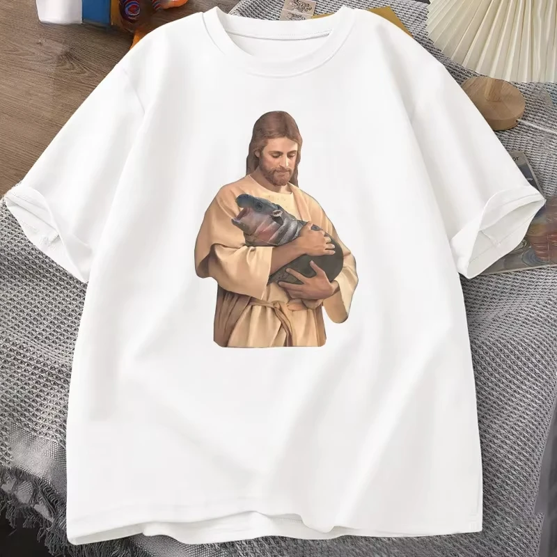 Camiseta divertida Meme Jesus sosteniendo Moo Deng mujer مودا دي فيرانو لا بروما هيبوبيتامو مو دانغ أمانتي تيلانديا #2