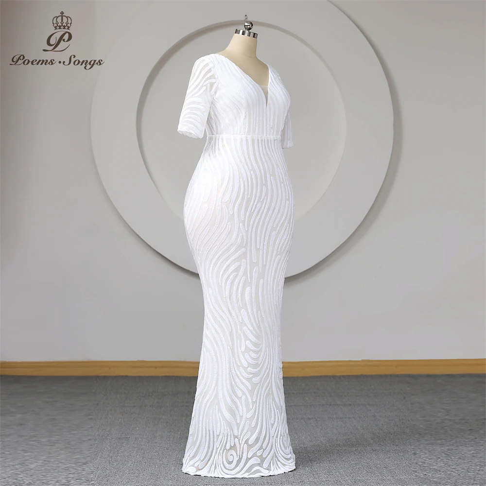 Plus Size Trumpet Evening Dress With Half Sleeves Mermaid White Sequins V Neck Women Long Party Dresses Formal Gown Maxi dress