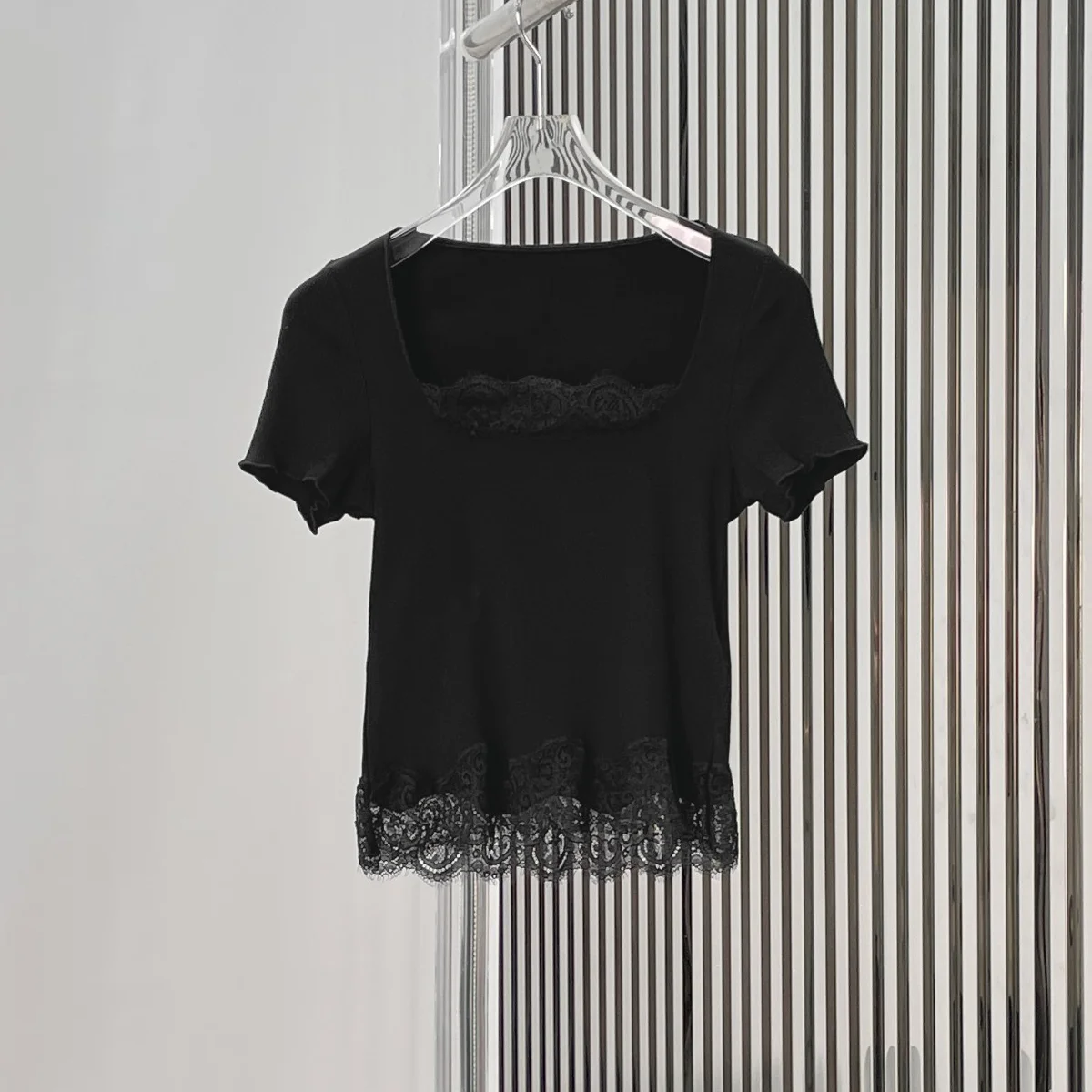 High Quality Women Square Neck Lace Trim Short Sleeve T Shirt Slim Ribbed Cropped Top Daily Commuter Casual Blouse lyt127414