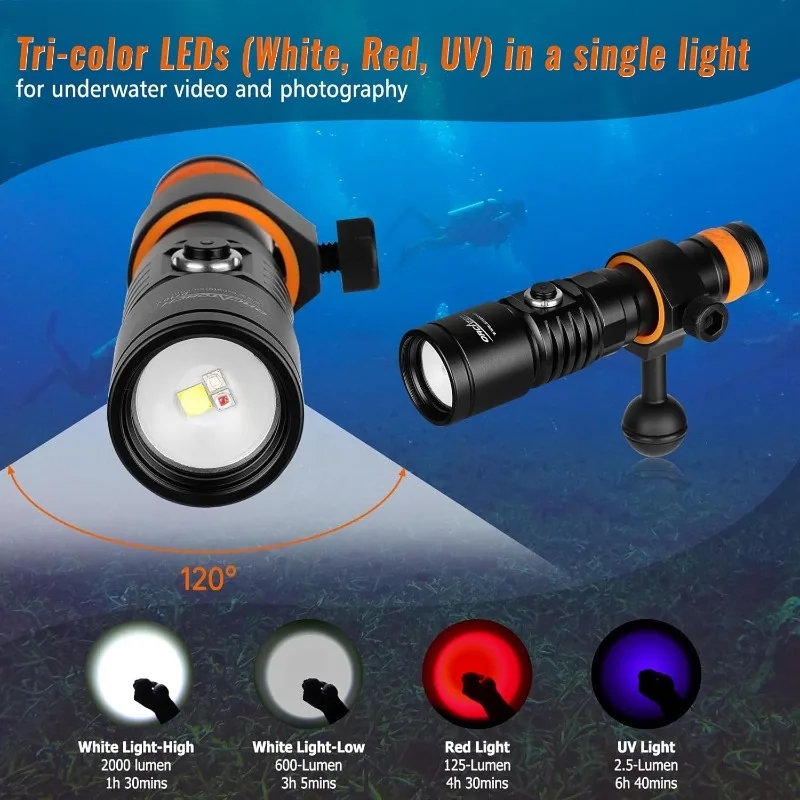 D710V 2000 Lumens Underwater Video Light, White Red Violet Tri-Color, 120-Degree Wide Beam Scuba Flashlight for Dive