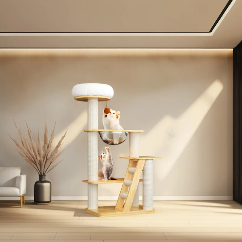 

Large Padded Wood Cat Tree Tower Comfortable Indoor Cat House with Bed