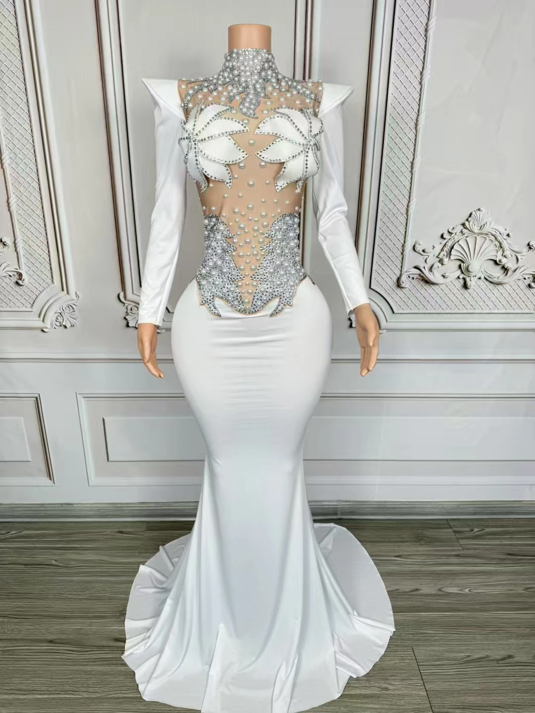 

Luxury Crystal Pearl White See ThroughMesh Dress Evening Party Elegant Dress Singer StagePerformance Photoshoot Dress D254