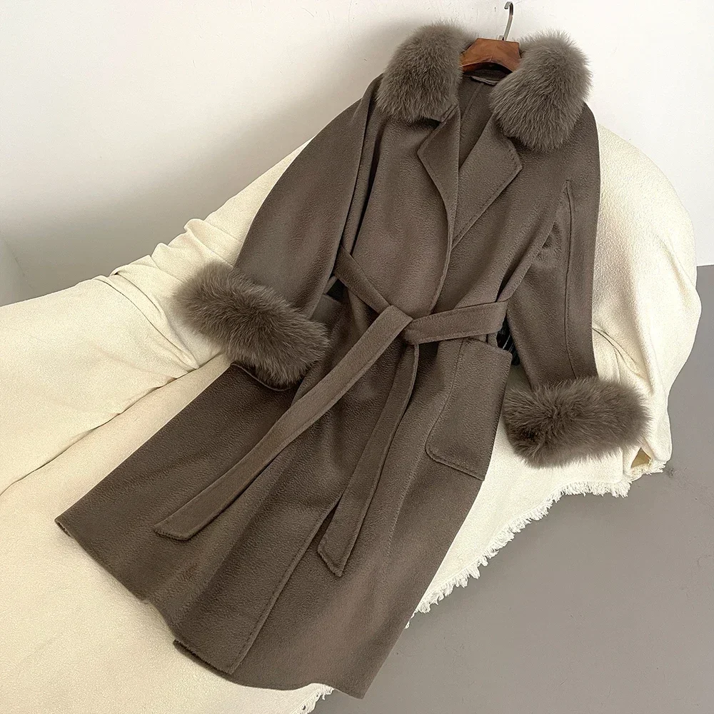 Casaco de pele de raposa real para mulheres lã natural gola de pele de raposa real jaqueta de inverno senhoras cinto quente outerwear streetwear 2024