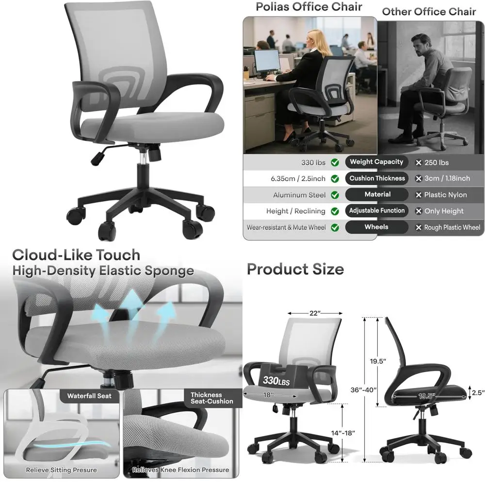 

Heavy Duty Mesh Office Chair - 330 lbs Capacity, Breathable, Adjustable Swivel with Lumbar Support for Home or Gaming Desk