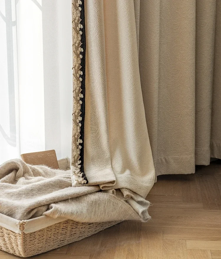 Custom Paisley Jacquard Cream White Thickened Chenille Lace Curtains For Living Room Bedroom French Window Balcony Window