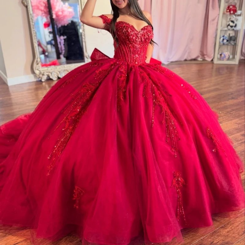 

Red Shiny Ball Gown Quinceanera Dresses Applique Flower Beading Crystal Bow Tull Corset Off Shoulder Sweet 16 Dress Vestidos 15