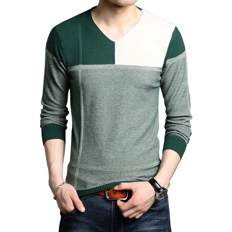 2024Men Autumn Long Sleeve Sweater Male Color Match Casual Splicing Design Slim Sweaters Outwear Hot Sale pullover knit