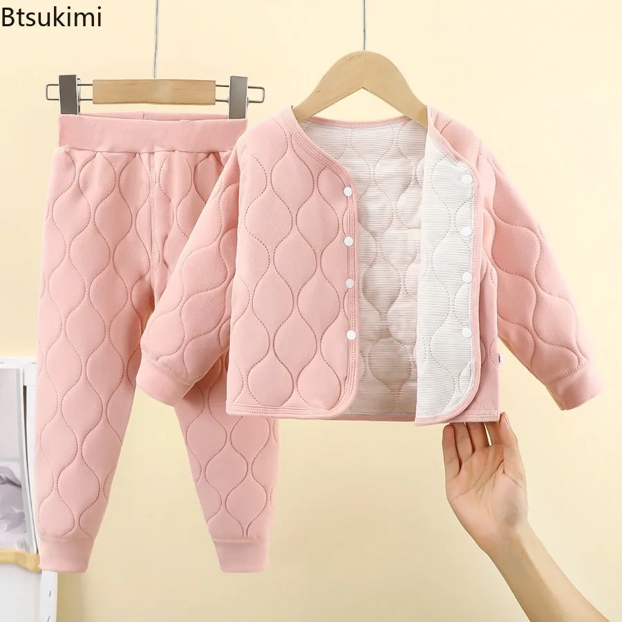 2026 Children's Autumn Winter New Warm Suit Boys Girls Three-layer Quilted Thickened Jacket Cotton Clothes +Pants Two-piece Set