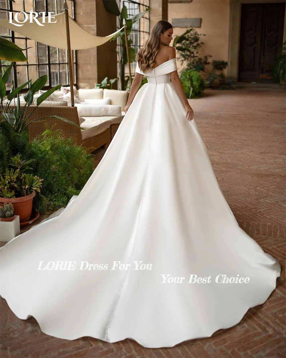 LORIE Elegant Satin Wedding Dresses V-Neck A-Line Off Shoulder Solid Bridal Gowns Backless Sleeveless Brush Train Bride Dress