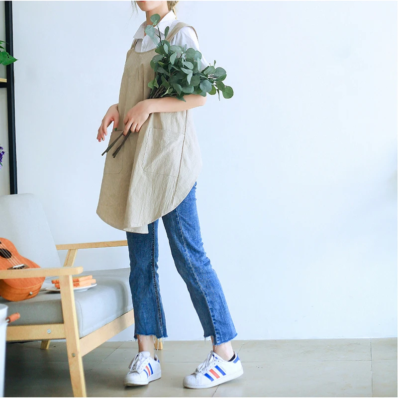 Waterproof  Women Cotton Linen Cross Back Apron Japanese Housework Kitchen Cooking Double Pocket Apron Florist Working Apron NEW