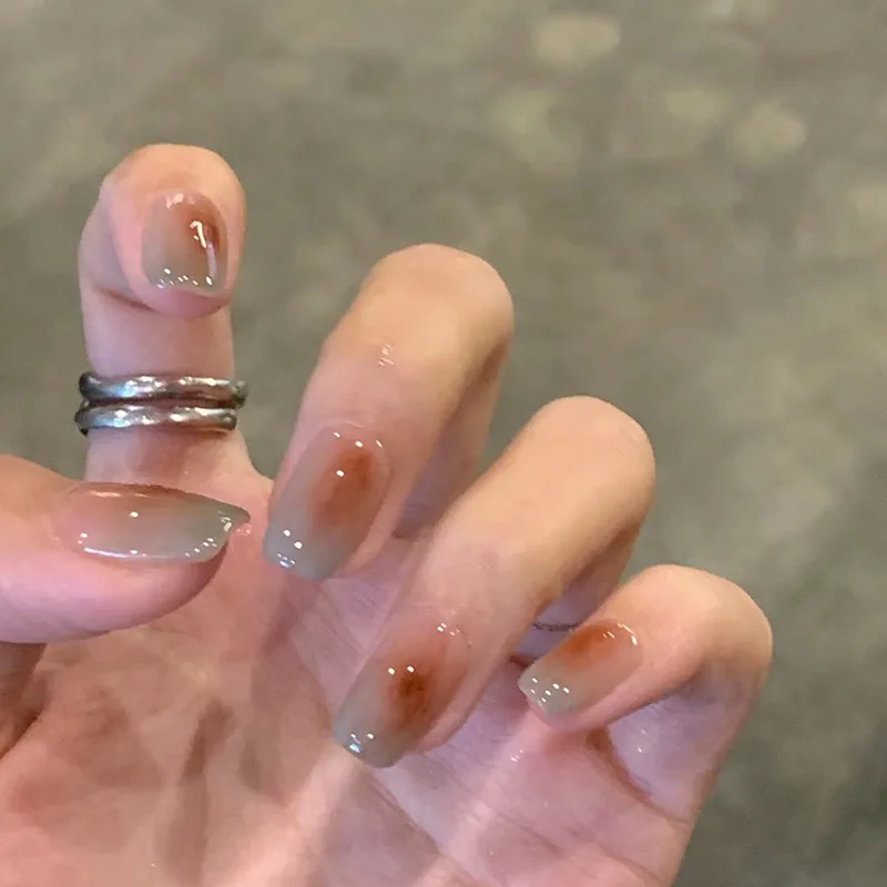 

24Pcs Medium Coffin Press-on Nails: Unique Grey-Blue Amber Ombre Fade - Artistic Style False Nails With Wearing Tools