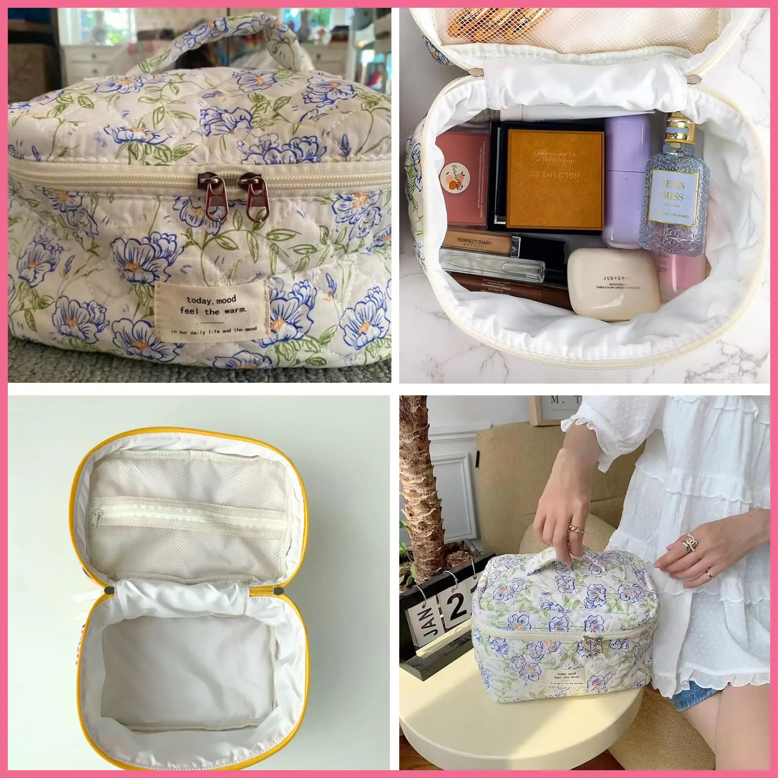 Large Travel Quilted Makeup Bag for Women Floral Cotton Cosmetic Bag Coquette Aesthetic Floral Toiletry Organizer Bag