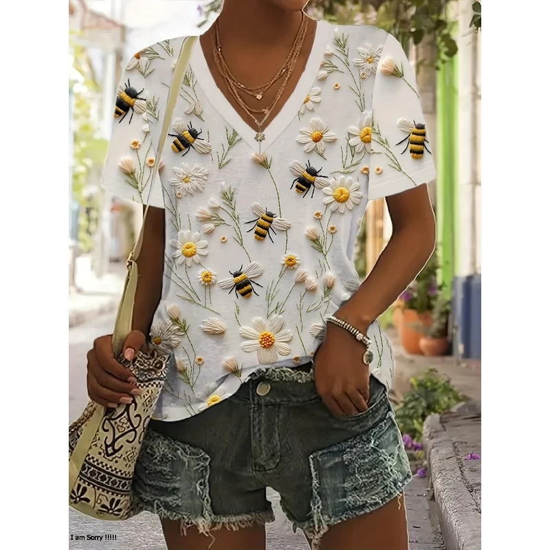 [Floral Embroidery T-Shirt] Women's Soft Polyester V-Neck Short-Sleeve T-Shirt - Bee and Floral Embroidery Print Casual Summer