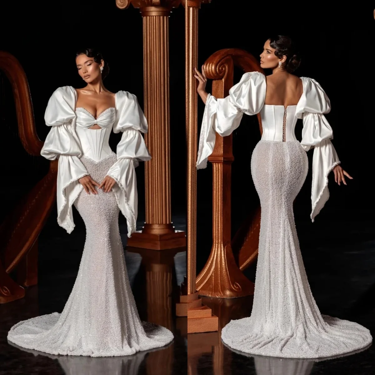 

Элегантные свадебные платья с жемчугом, свадебные платья с бисером и длинными рукавами, открытая спина, иллюзия русалки, индивидуальные платья Vestidos De Novia