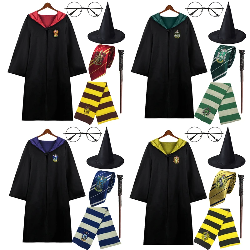 Hogwarts Cosplay Magic School Robes Cos Halloween Cape Adult Kids Costume Women Men Wizard Hat Tie Scarf Hermiones Rons Gifts