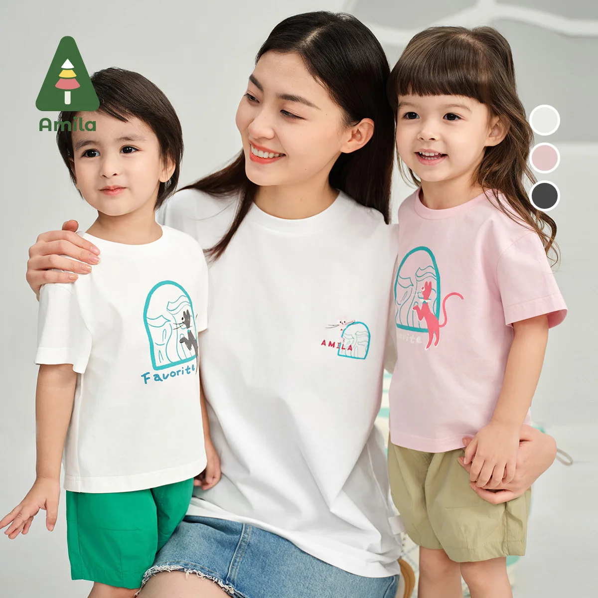 Amila 2024 Summer New Family Collection Pure Color Cartoon Print Cotton Pink White T-shirt Kids Clothing 0-6Y