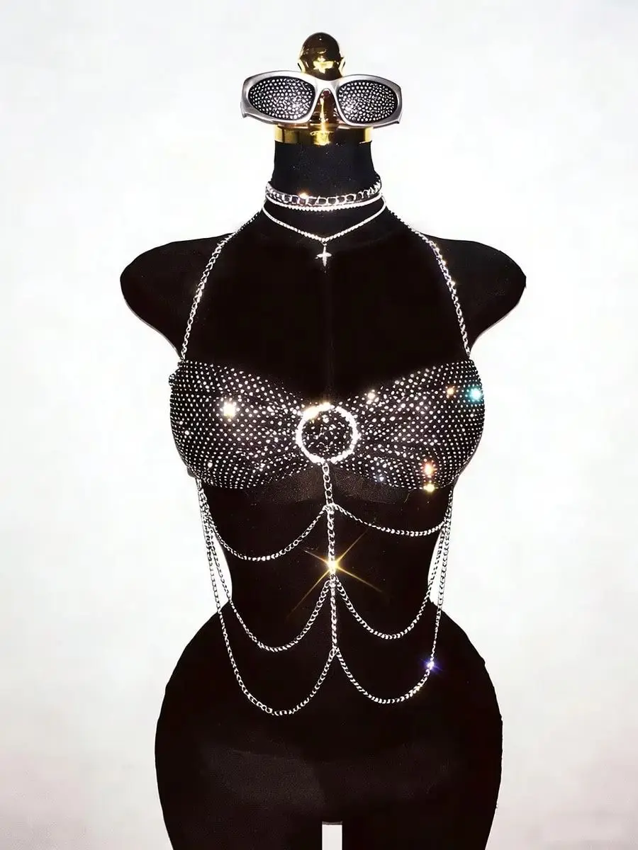 Glitzerndes Strass-Netz-Haltertop für Damen, sexy Kristall-Mesh-Backless-Camisole, Party-Club-Rave-Outfit, Festivalkleidung – Detail 2