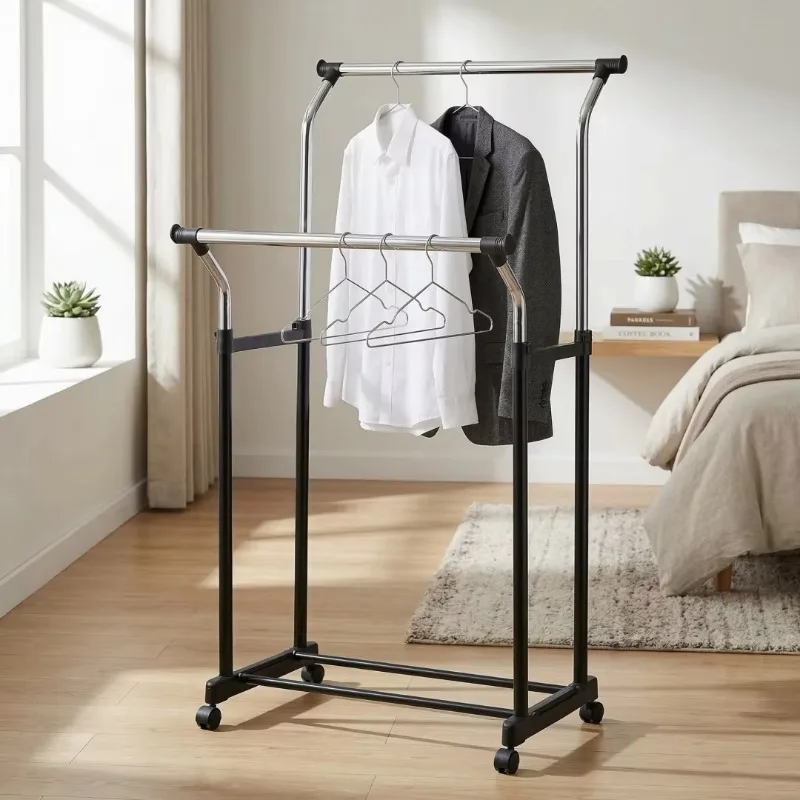 Modern Steel Double-bar Hanger with Storage Rack and Wheels for Bedroom and Living Room Furniture view 6