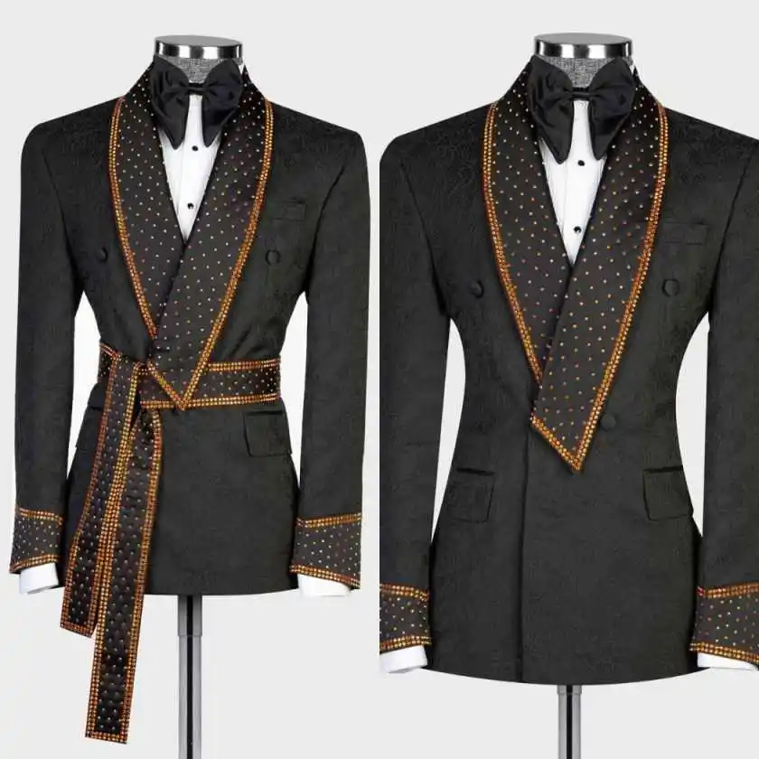 

Formal Beaded Men's Suits Shawl Lapel Double Breasted Prom Blazer Sets Jacquard 2 Pieces Customized Costume Homme