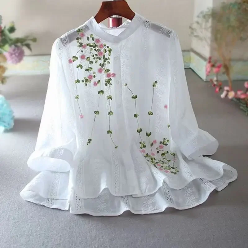 New Spring and Summer Qing New Literature and Art Lace Hollow Loose Relaxed Ruffle Edge Embroidered Standing Neck Shirt E3005