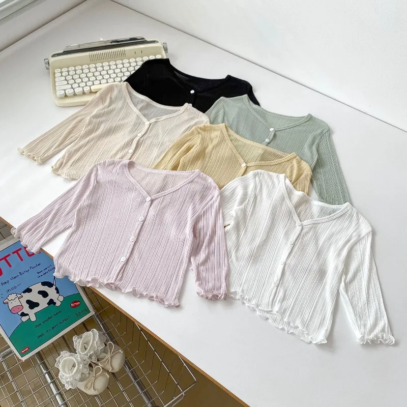 RAISE Summer Kids Girls Anti-mosquito Coat Cotton Thin Solid Infant Babys Girls Outerwear Breathable Little Girls Knit Cardigan