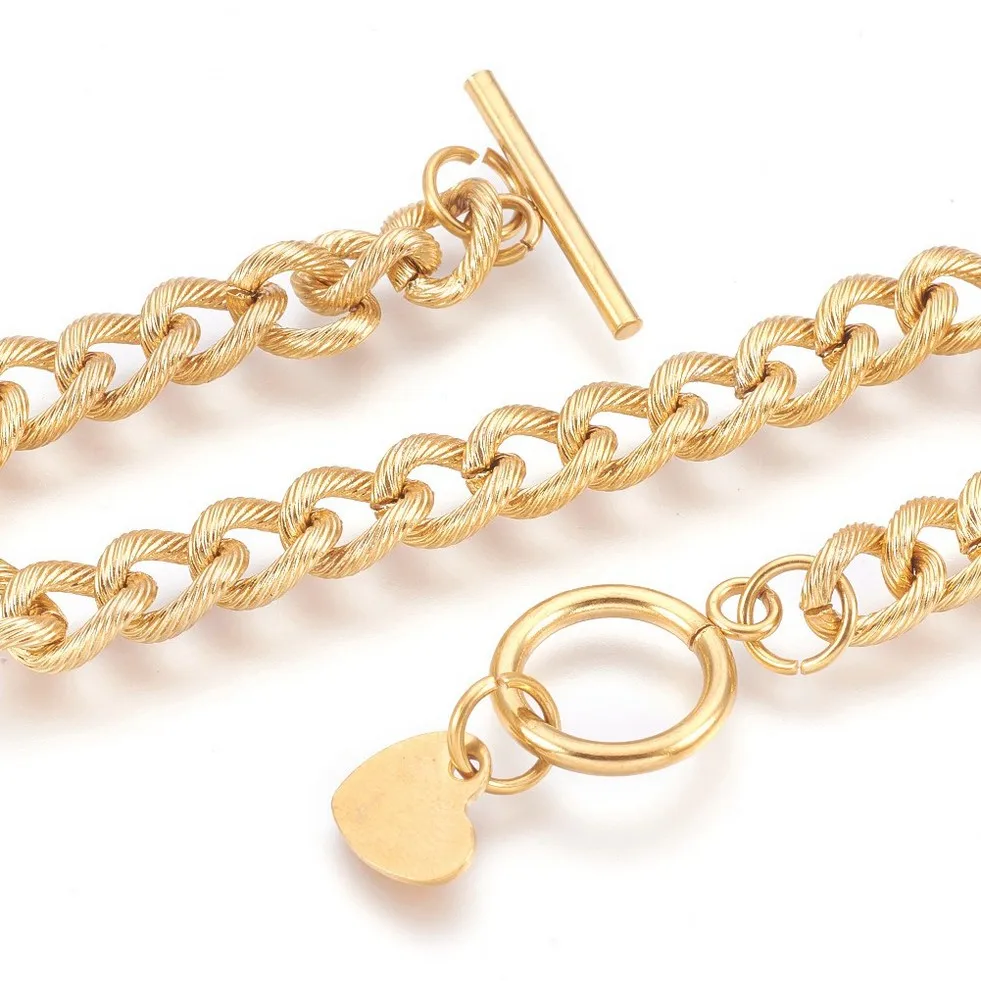 Generic 1Pc Golden Stainless Steel Link Chain Bracelet with Heart Shape Charm and Ot Toggle Clasps for Women