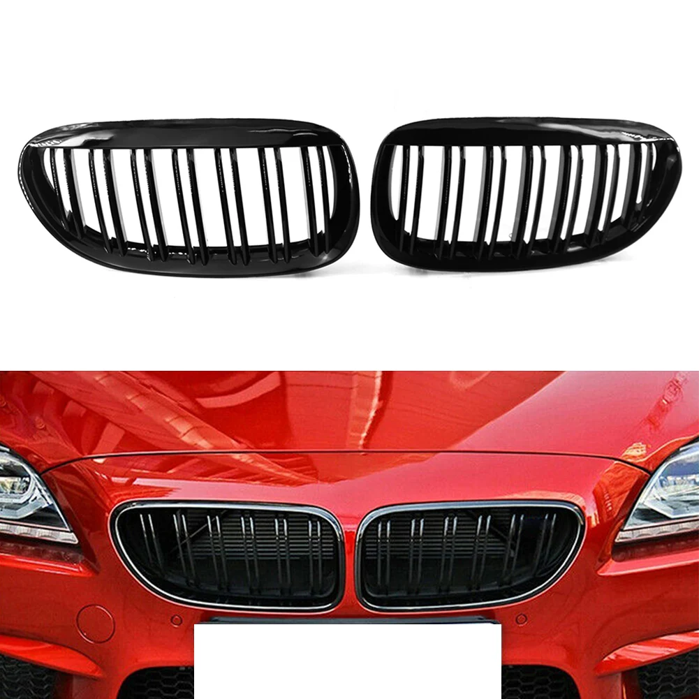 2Pcs Gloss Black Center Kidney Grille Dual Line Mesh Grill For BMW E63 E64 6 Series 650i M6 2004-2010