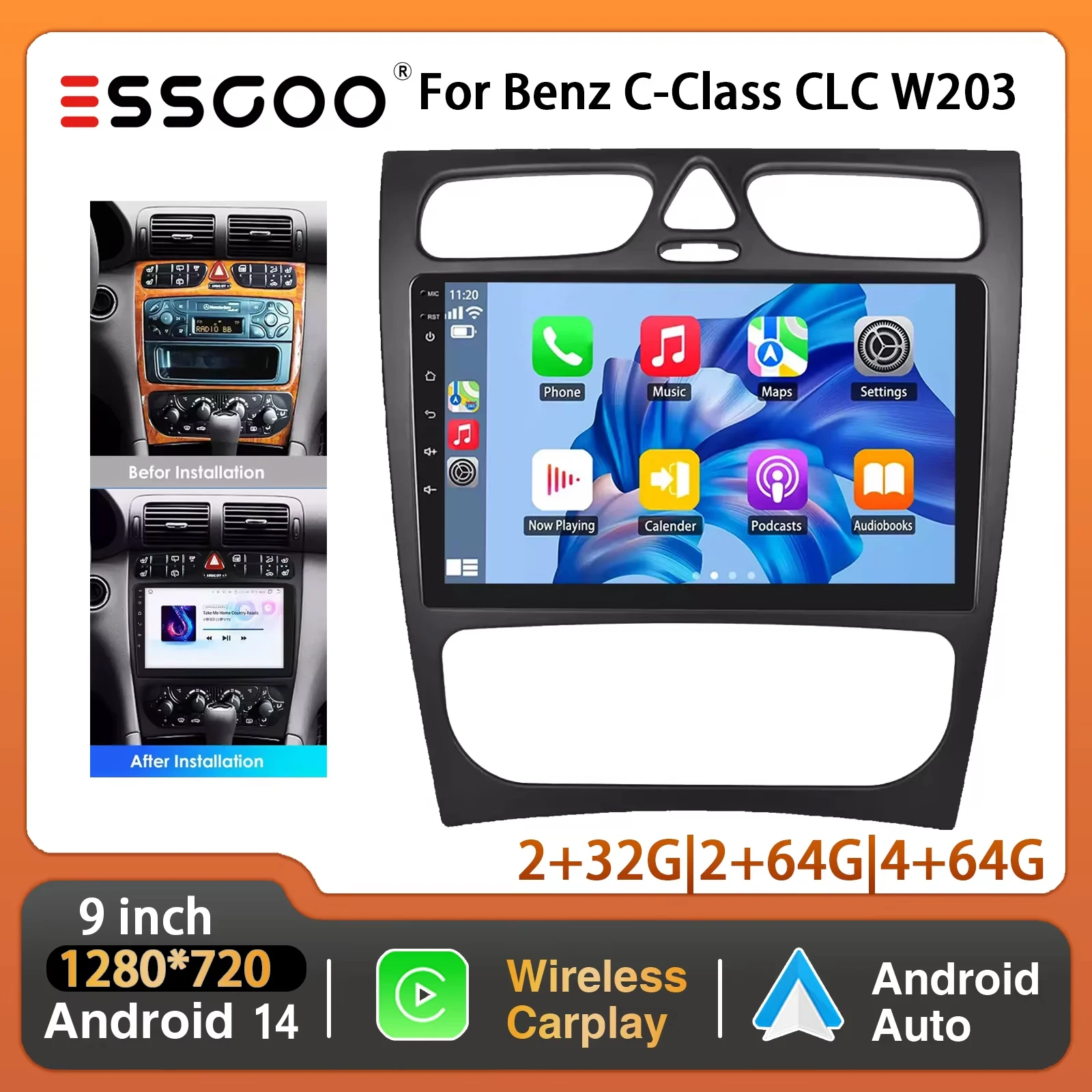 Essgoo 64G 9 2 DIN Lettore Video Multimediale Per Mercedes Benz Classe C W203 CLK W209 2002-2006 Android 14 Autoradio GPS Navi WIFI BT FM Display Radio Stereo